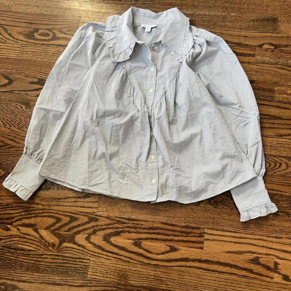 Blue white striped Topshop blouse ruffled Peter Pan collar cuffs